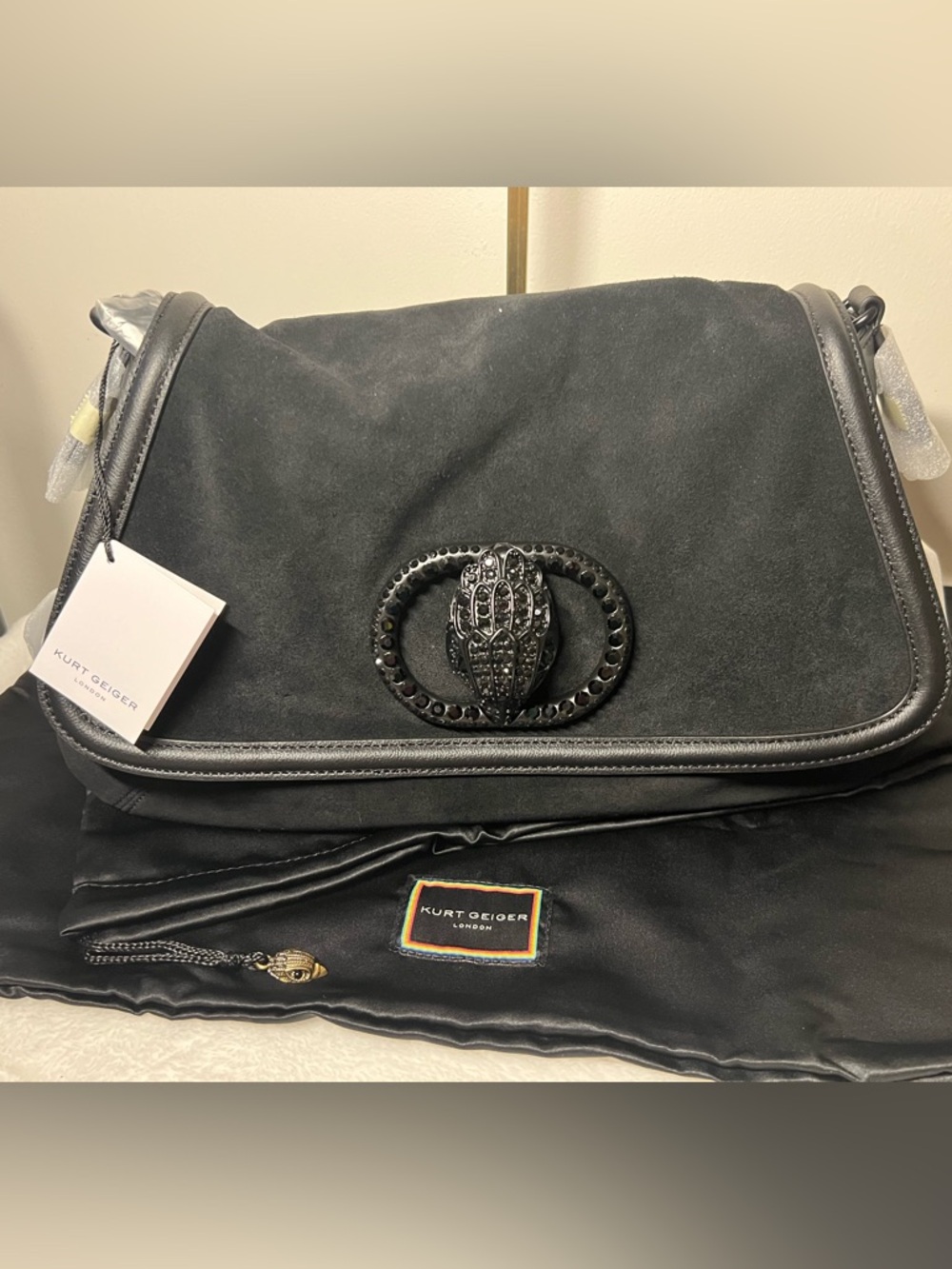 Kurt Geiger large Chelsea saddle, bag, black suede NWT